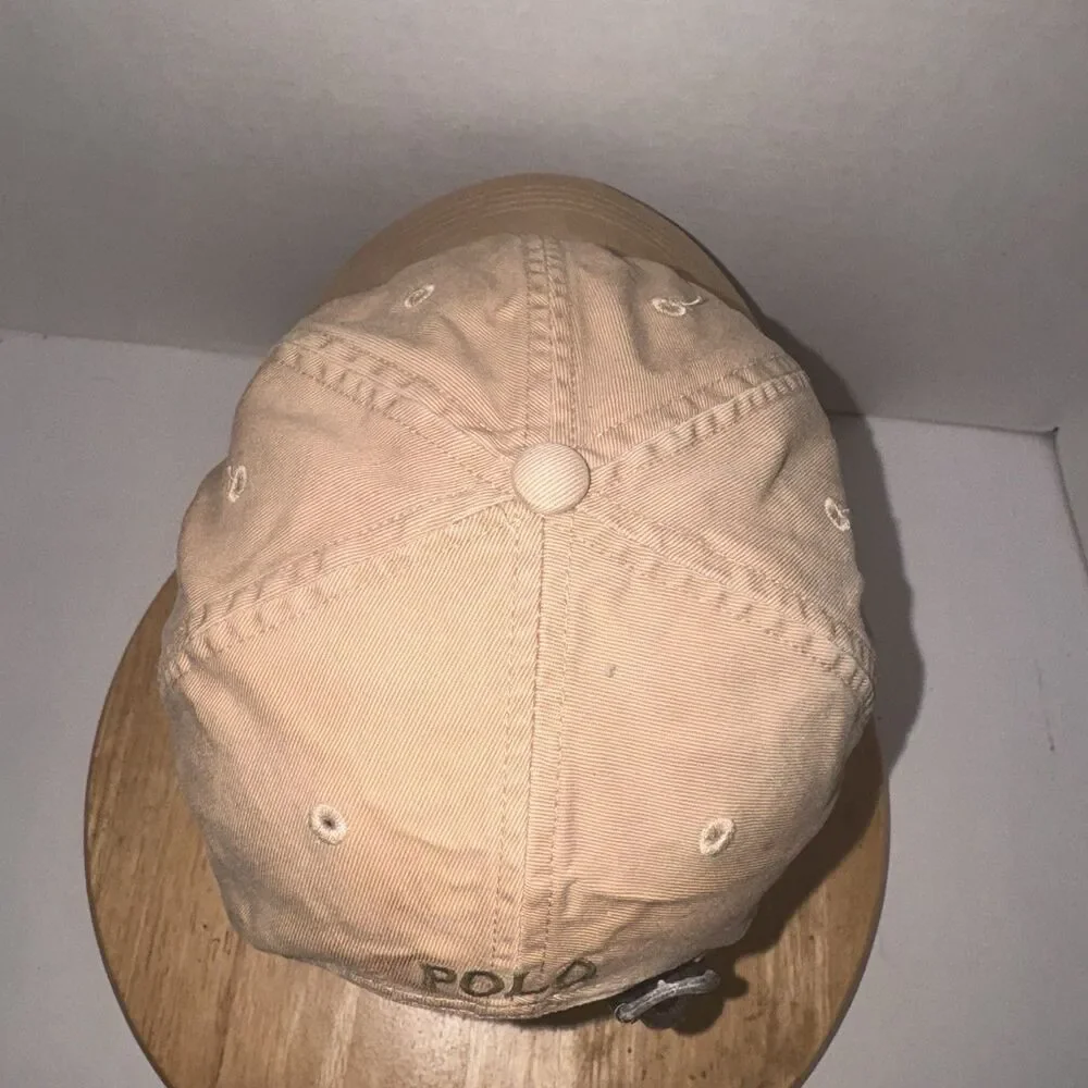 Polo Ralph Lauren Khaki Leather Strap Dad Hat Pony Logo Baseball Cap OSFA
